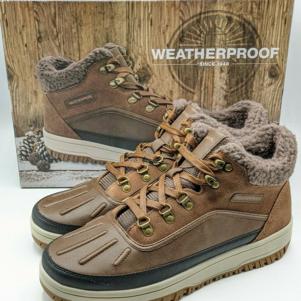 NEW Weatherproof Men's Faux Fur Sneakerboot BOOTIE LANDON NIB SUEDE RUBBER BROWN - Picture 2 of 4